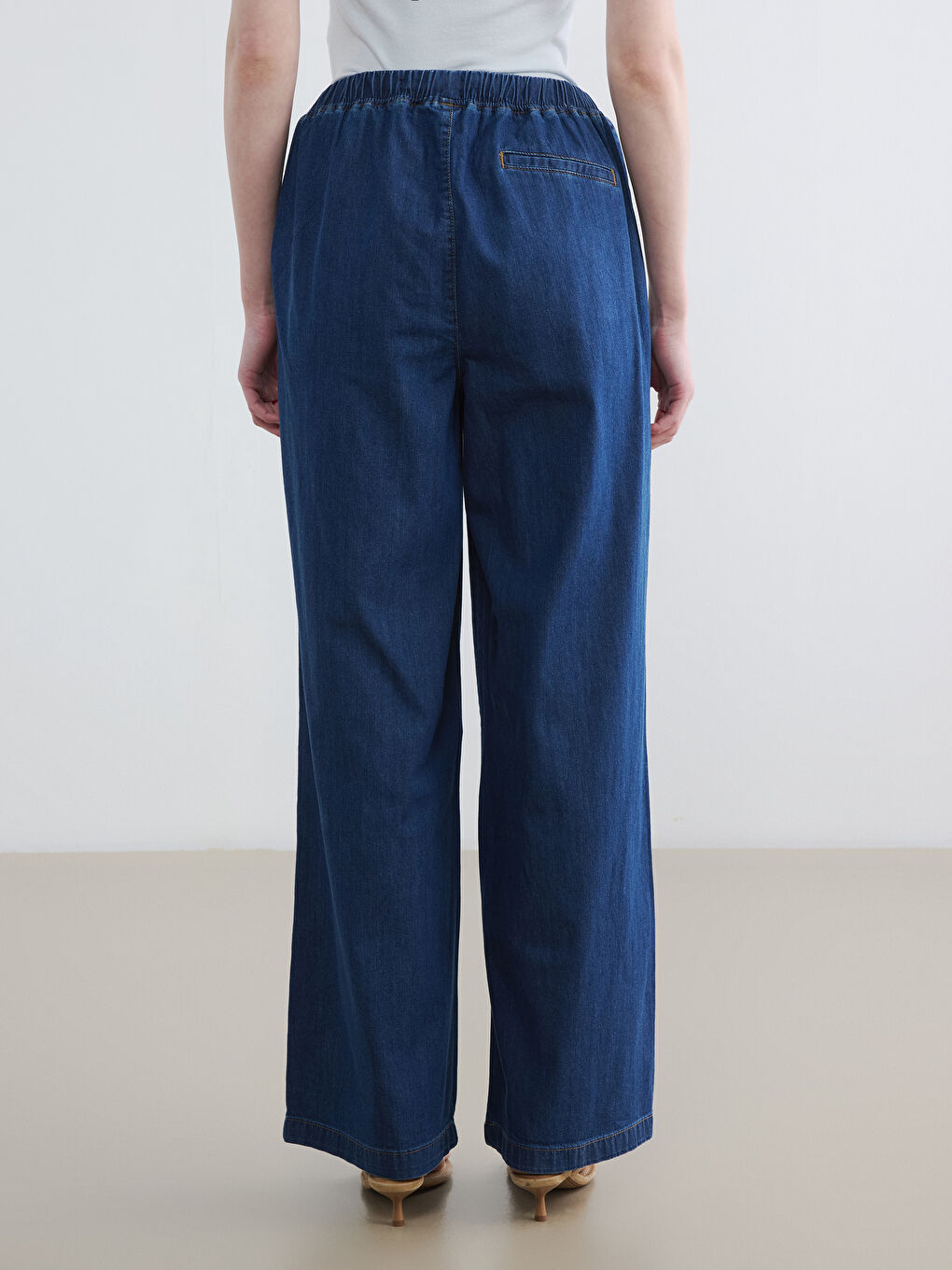 İndigo Beli Lastikli Wideleg Kadın Jean Pantolon-3