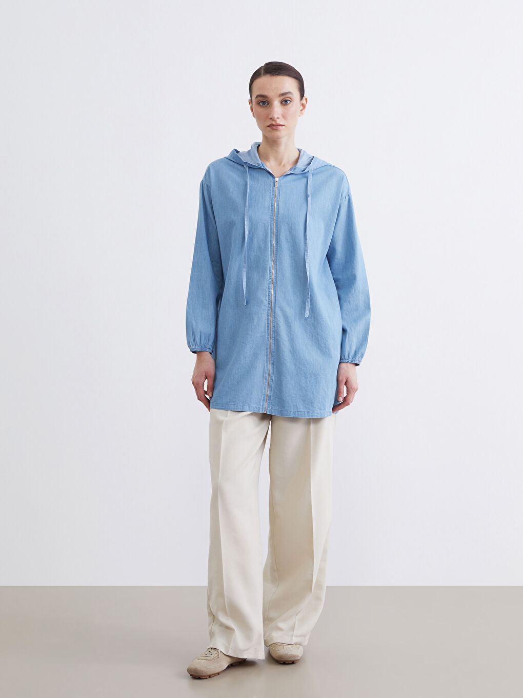 İndigo Kapüşonlu Kadın Jean Tunik	-1