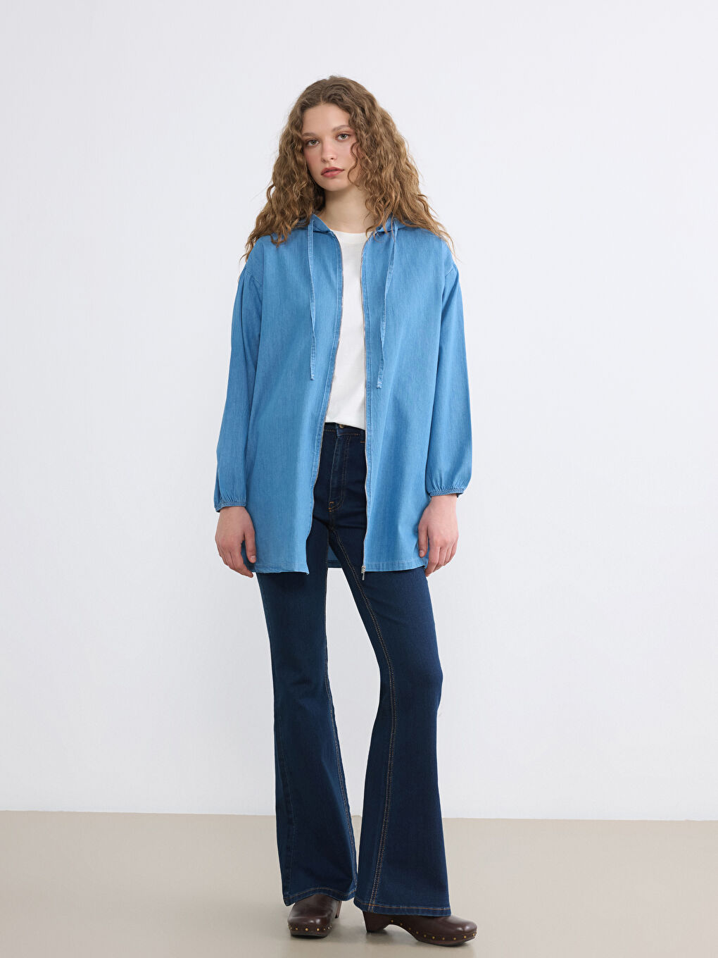 İndigo Kapüşonlu Kadın Jean Tunik	-1
