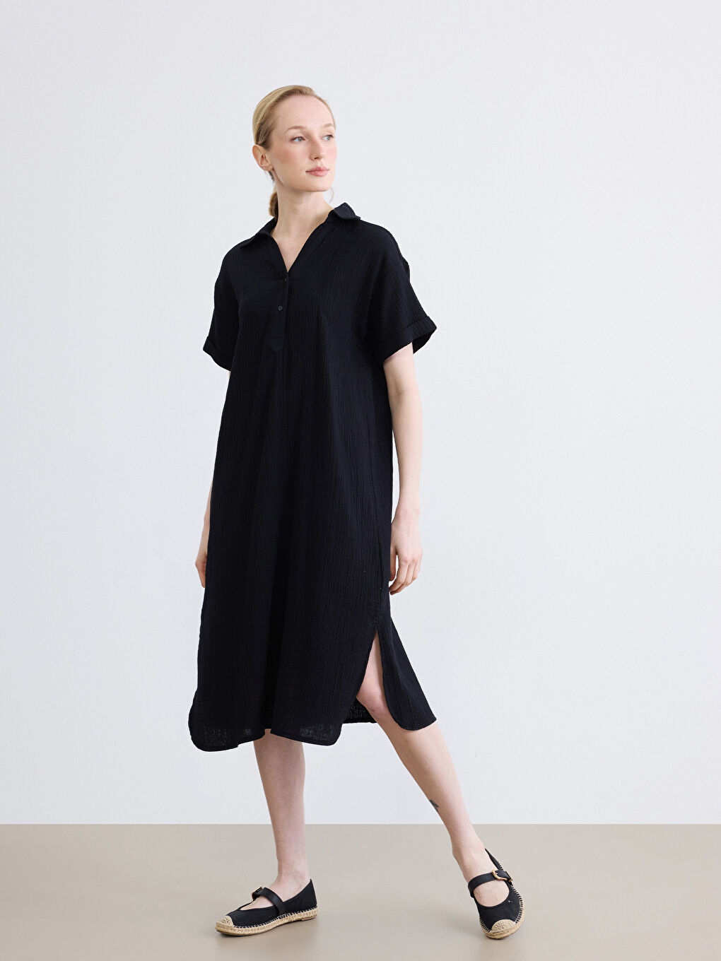 Shirt Collar Textured Oversize Muslin Dress