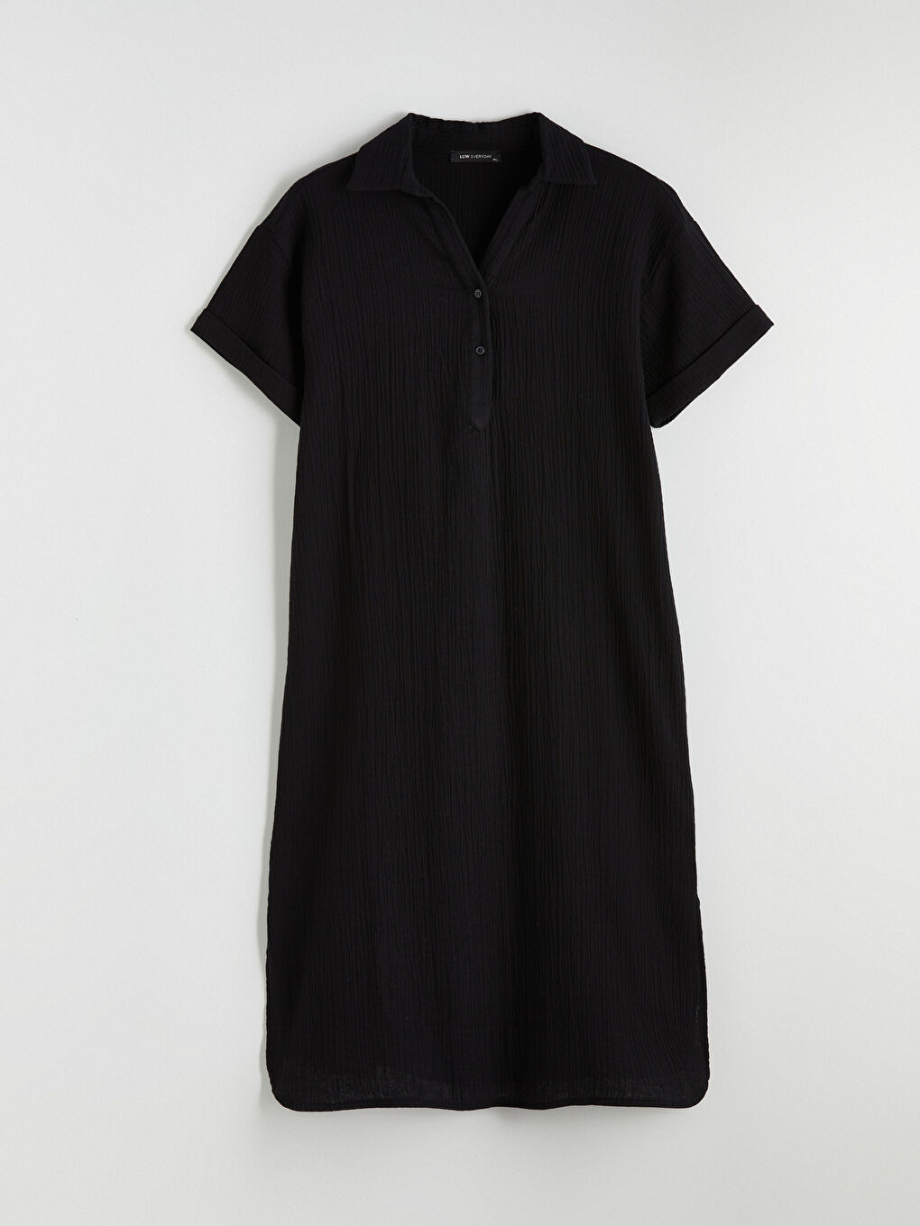 Siyah Gömlek Yaka Dokulu Oversize Müslin Elbise