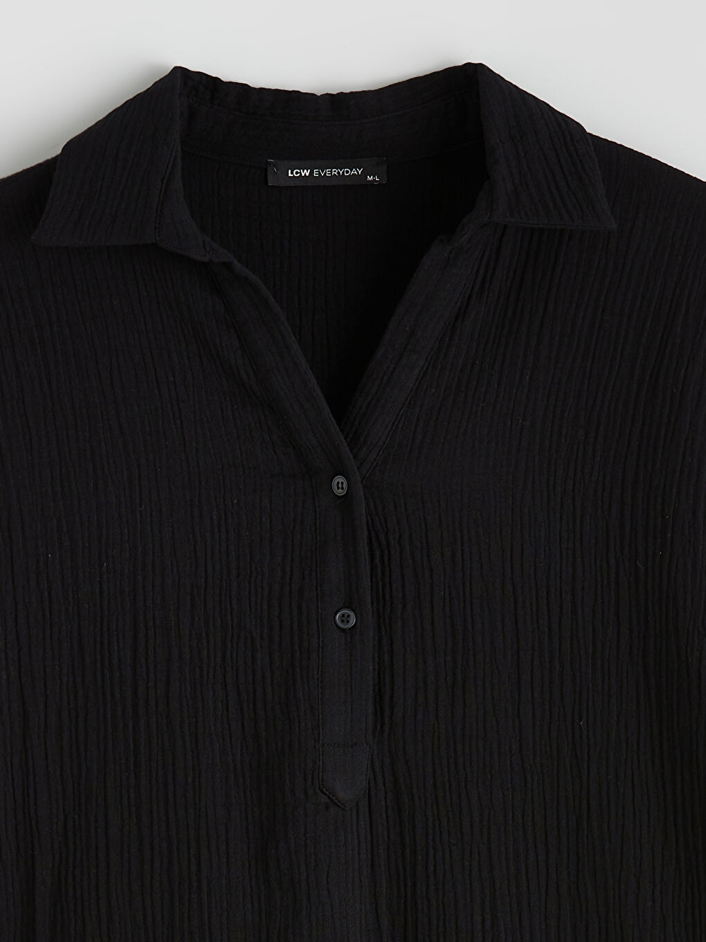 Siyah Gömlek Yaka Dokulu Oversize Müslin Elbise-1