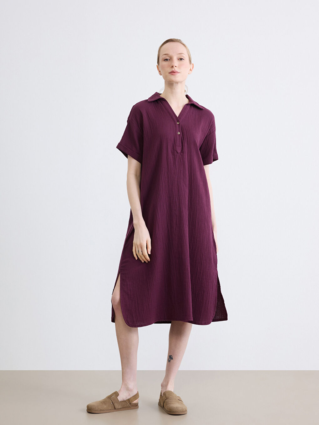 Shirt Collar Textured Oversize Muslin Dress