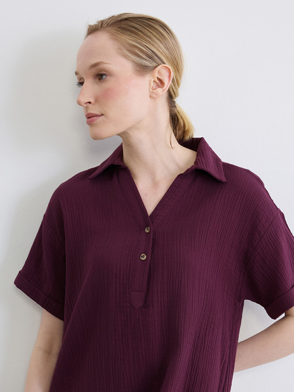 Shirt Collar Textured Oversize Muslin Dress-1