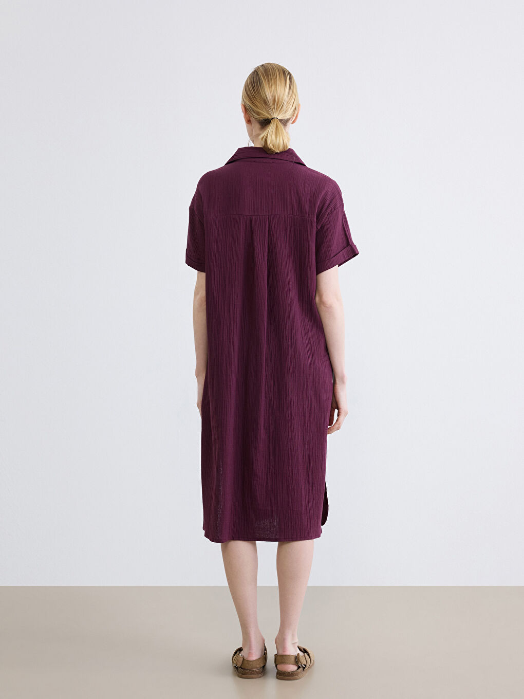Shirt Collar Textured Oversize Muslin Dress-3