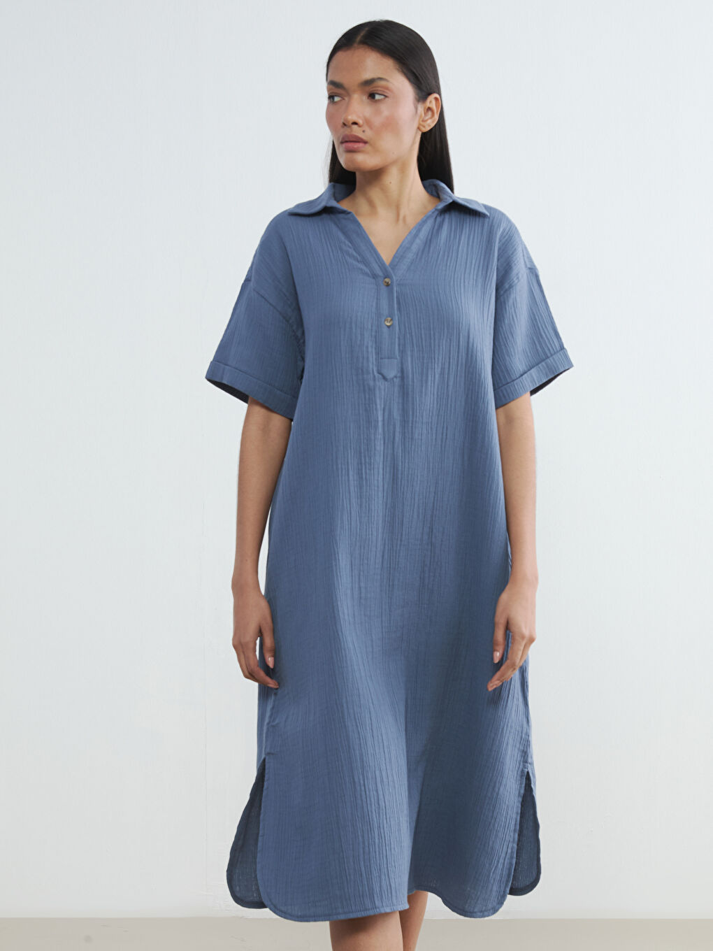 Mavi Gömlek Yaka Dokulu Oversize Müslin Elbise-1