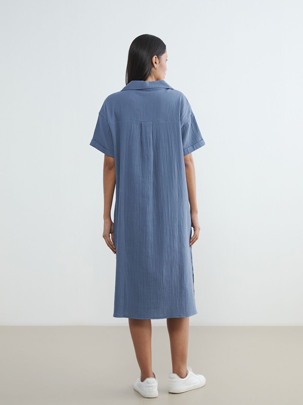 Mavi Gömlek Yaka Dokulu Oversize Müslin Elbise-3