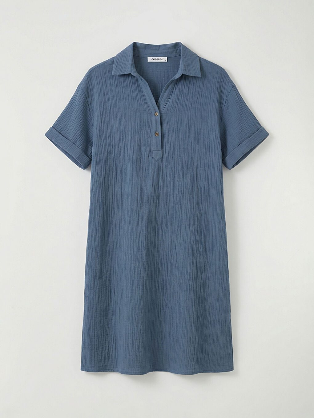 Mavi Gömlek Yaka Dokulu Oversize Müslin Elbise-4