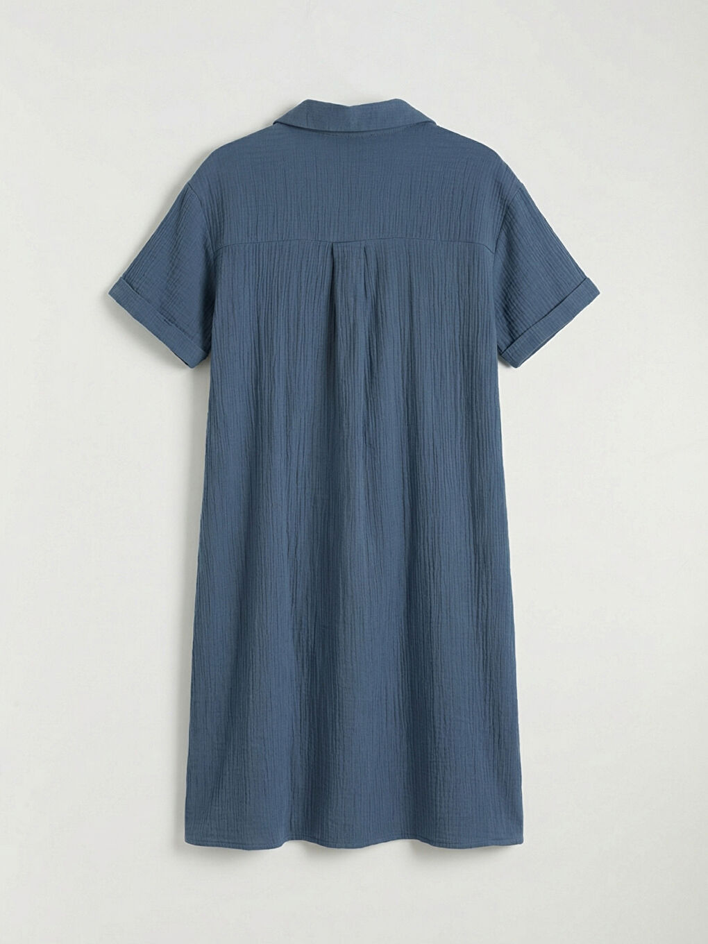 Mavi Gömlek Yaka Dokulu Oversize Müslin Elbise-5