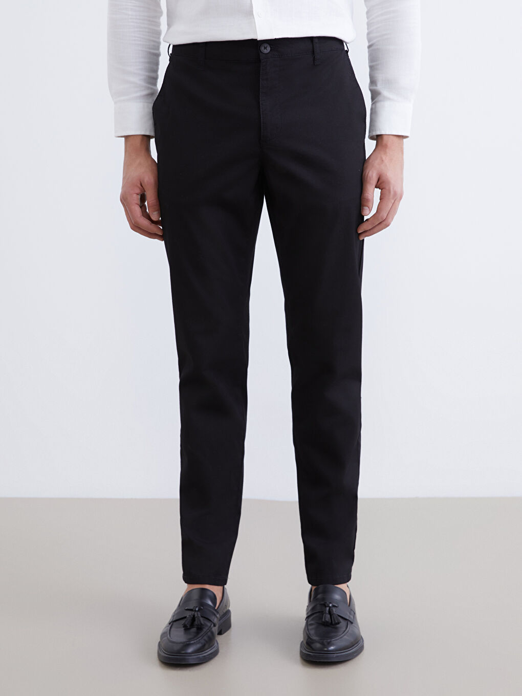 Siyah Dar Kalıp Gabardin Erkek Chino Pantolon-1