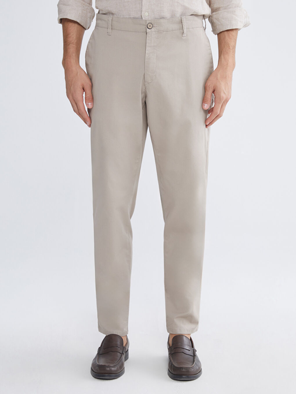 Bej Dar Kalıp Gabardin Erkek Chino Pantolon-1