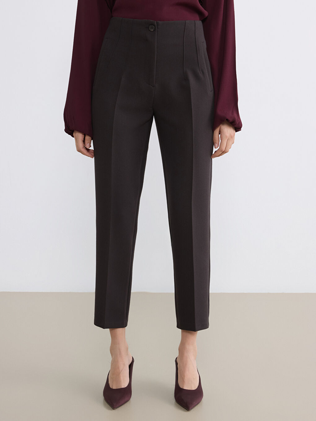 Kahverengi Yüksek Bel Kadın Cigarette Pantolon-1