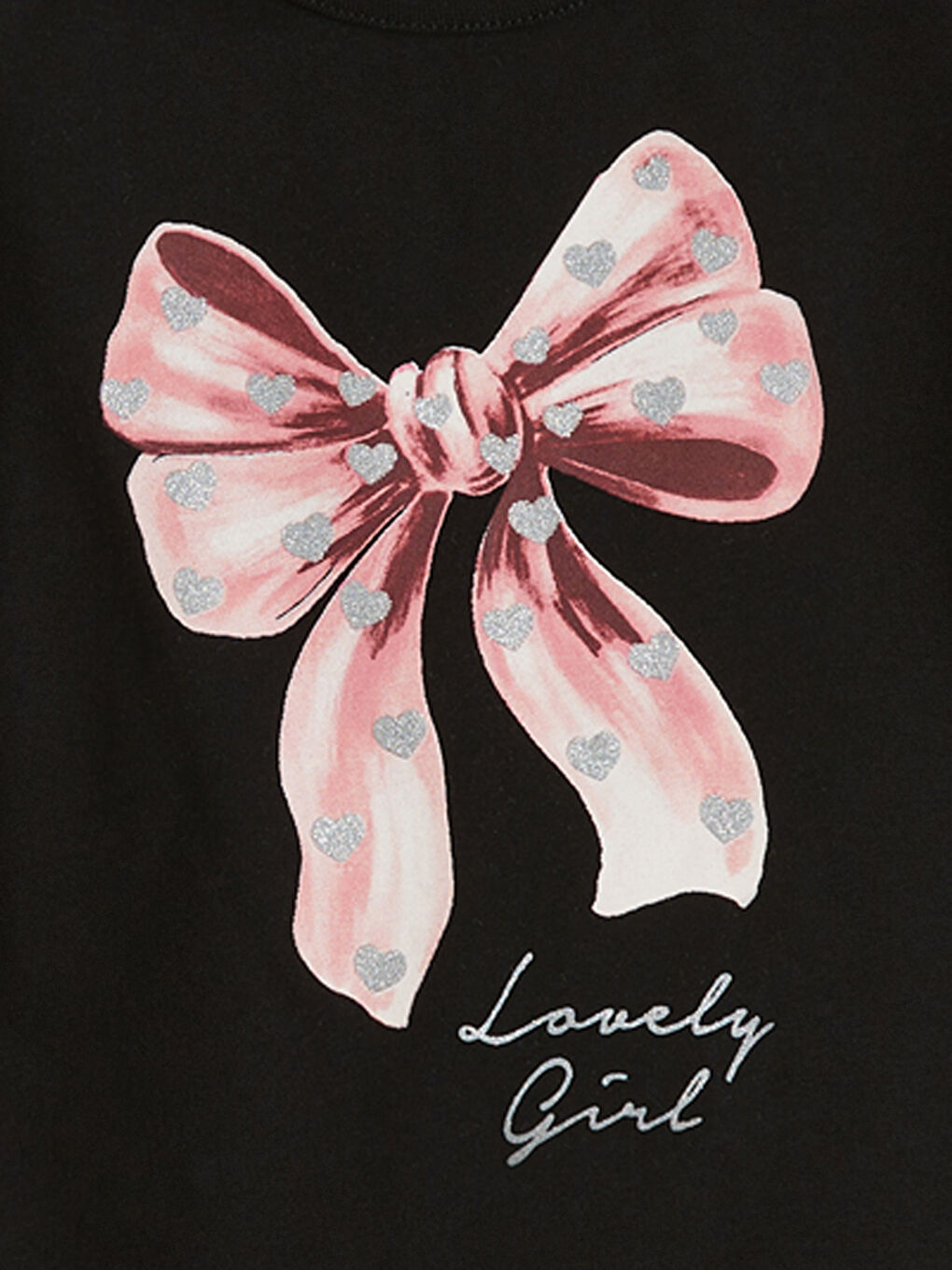 Siyah Fiyonk Baskılı Kız Çocuk Tişört-1