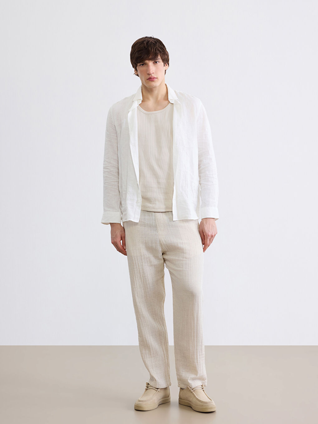 Bej Baggy Fit Müslin Erkek Pantolon