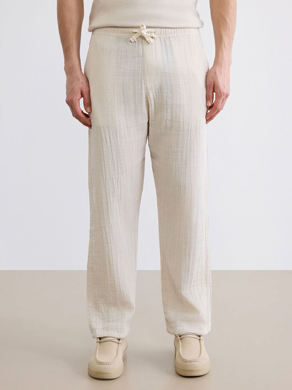 Bej Baggy Fit Müslin Erkek Pantolon-3