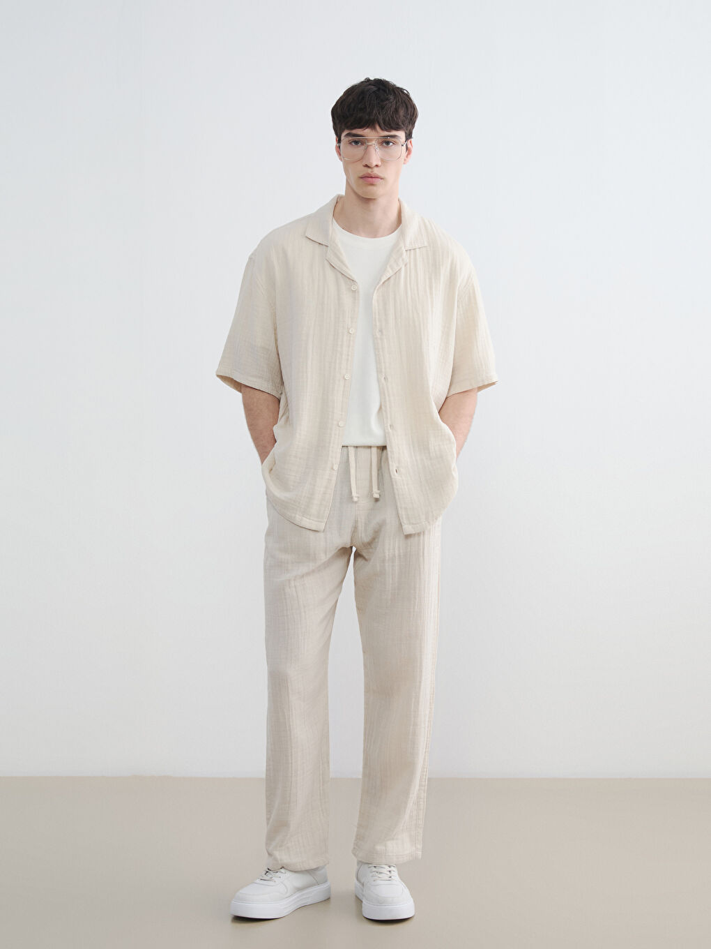 Bej Baggy Fit Müslin Erkek Pantolon-1