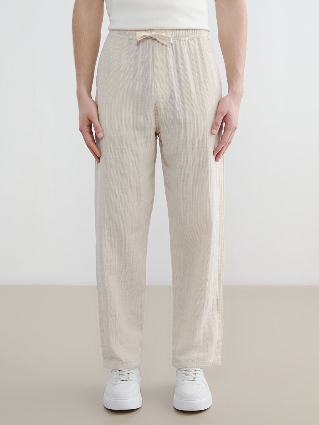 Bej Baggy Fit Müslin Erkek Pantolon-2