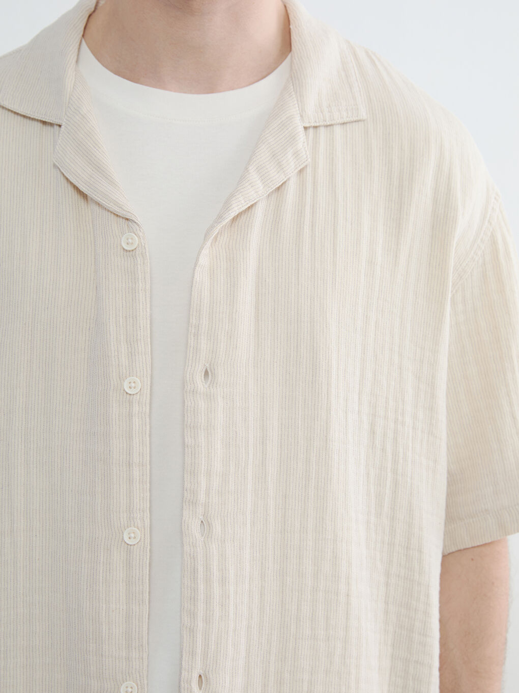 Bej Loose Fit Müslin Erkek Gömlek-2