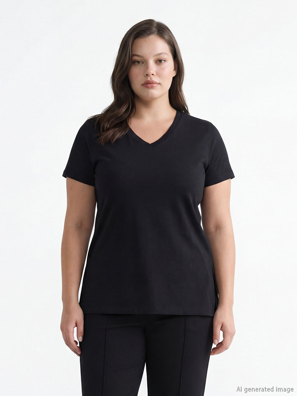 Siyah V Yaka Kadın Tişört-1