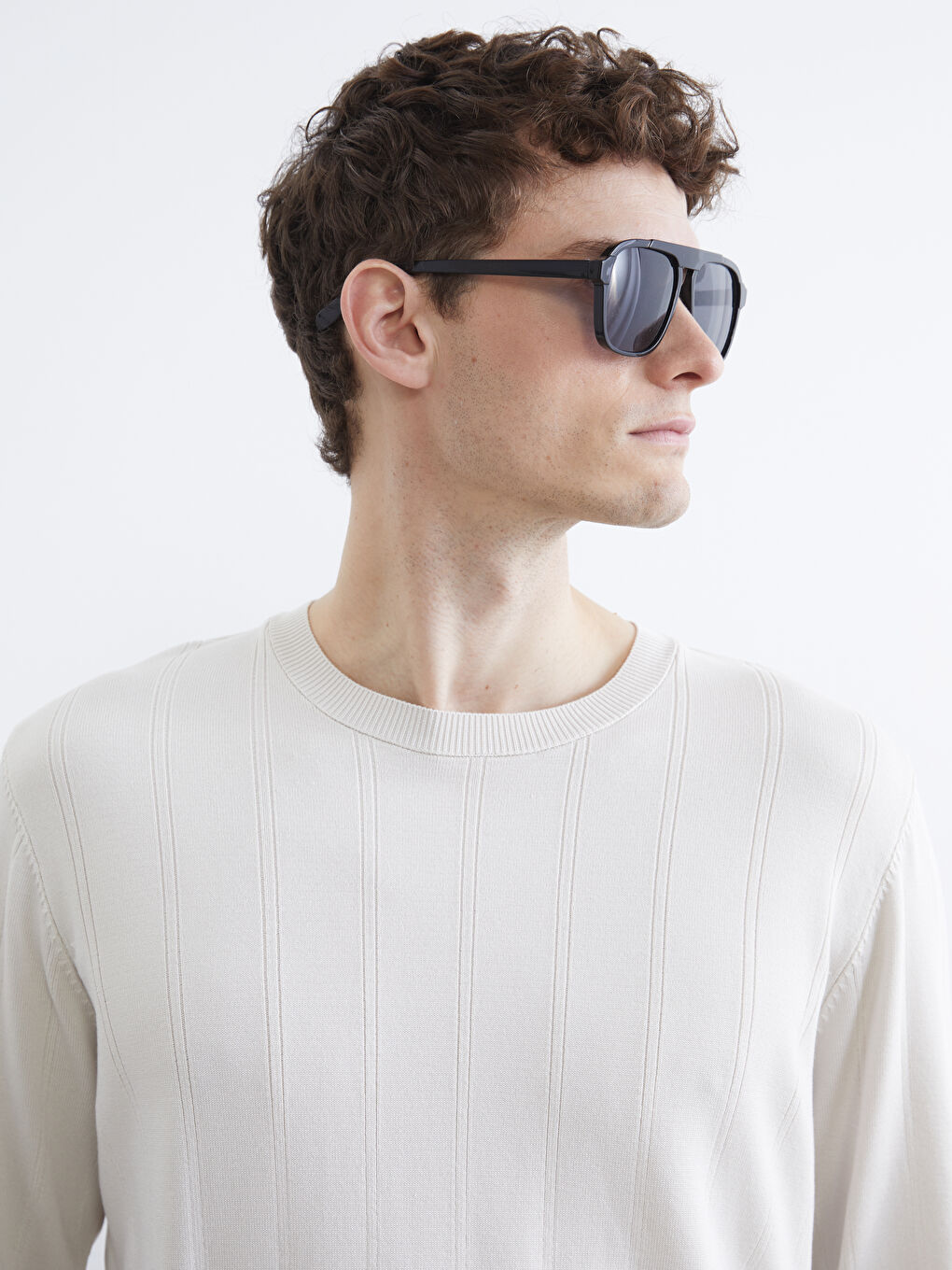 Bej Bisiklet Yaka Çizgili Erkek Triko Kazak-2