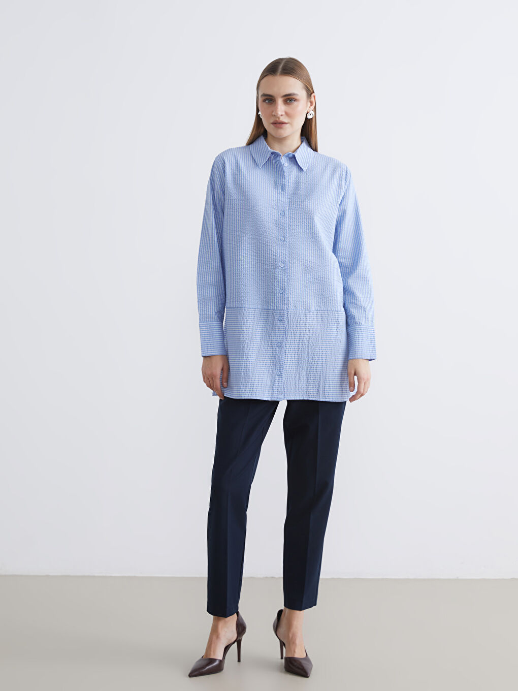 Mavi Çizgili Kadın Gömlek Tunik-1