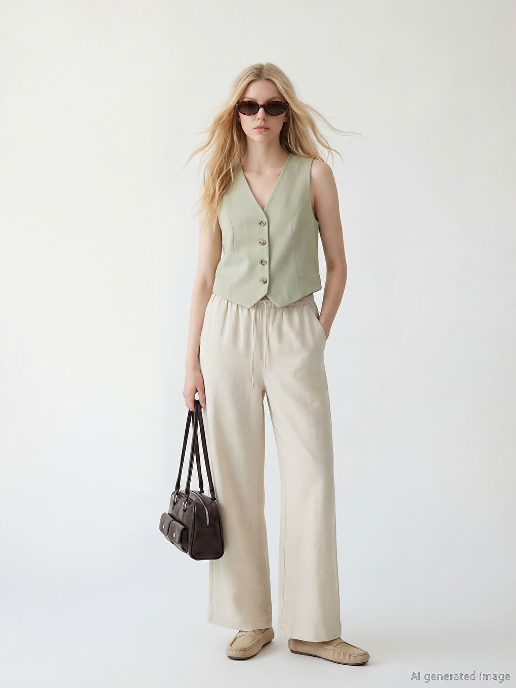 ელასტიური წელის ლინენის ნაზავის ქალის შარვალი