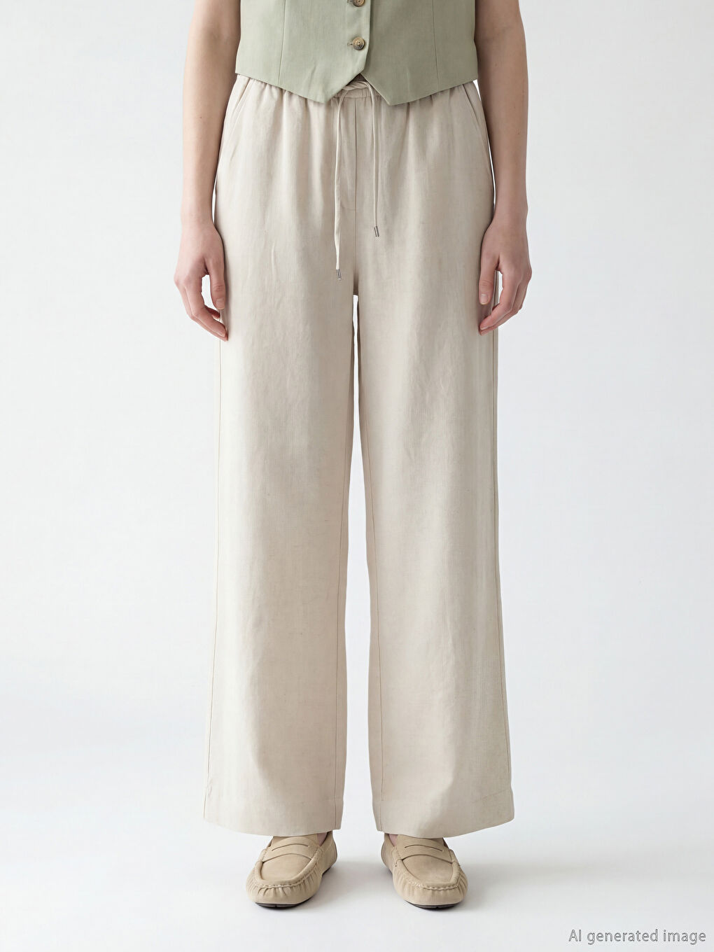 ელასტიური წელის ლინენის ნაზავის ქალის შარვალი-1