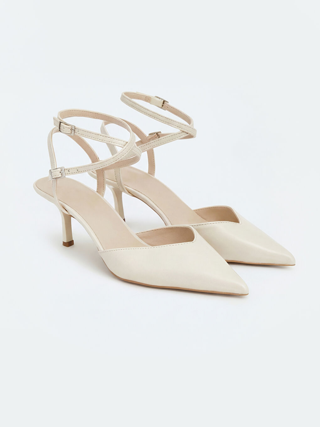 Ekru Sivri Burunlu Bilekten Bağlamalı Kadın Topuklu Ayakkabı