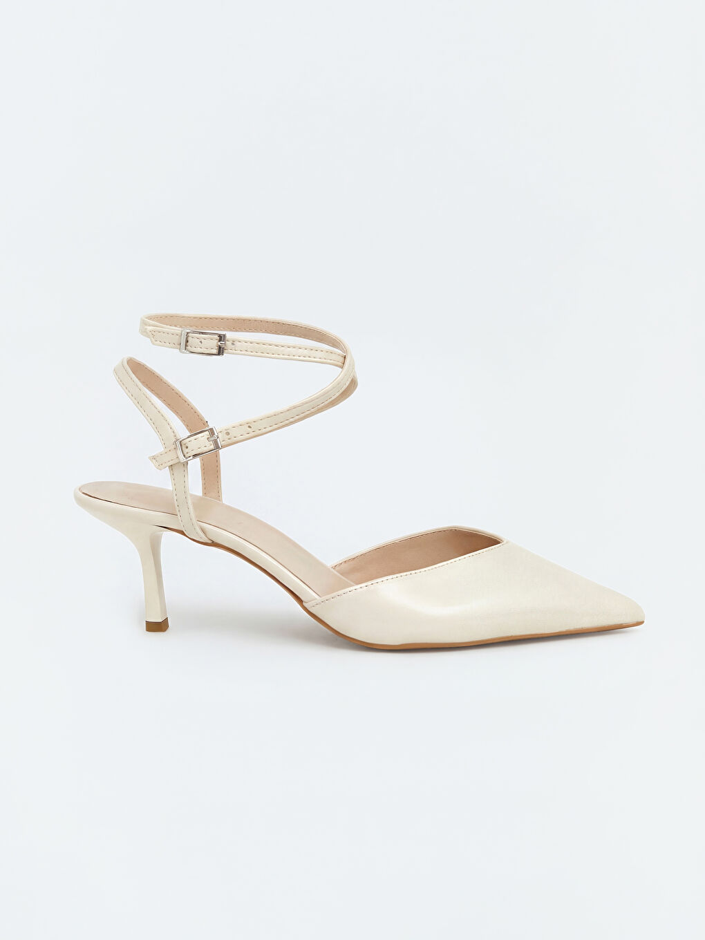 Ekru Sivri Burunlu Bilekten Bağlamalı Kadın Topuklu Ayakkabı-1