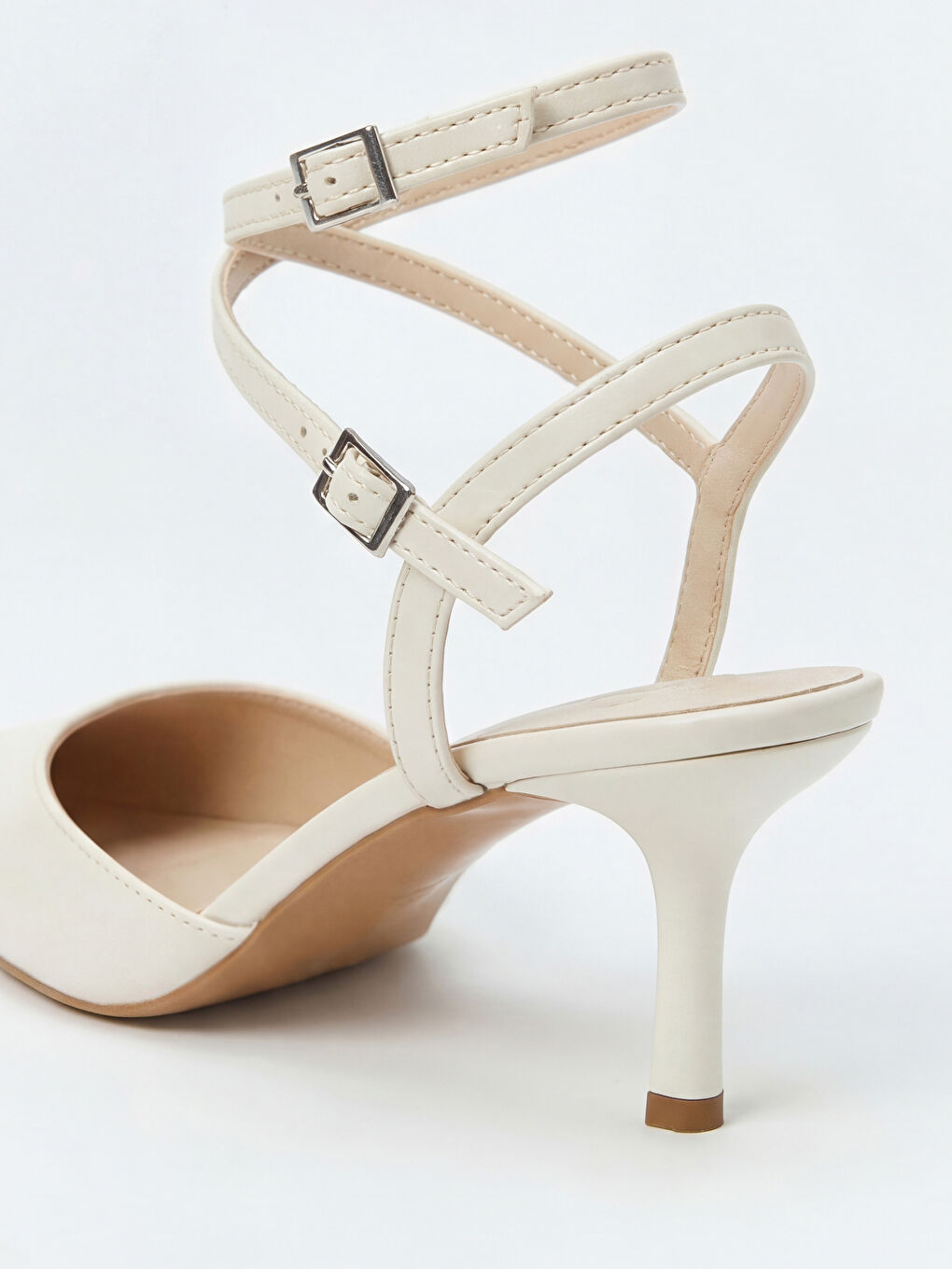 Ekru Sivri Burunlu Bilekten Bağlamalı Kadın Topuklu Ayakkabı-4