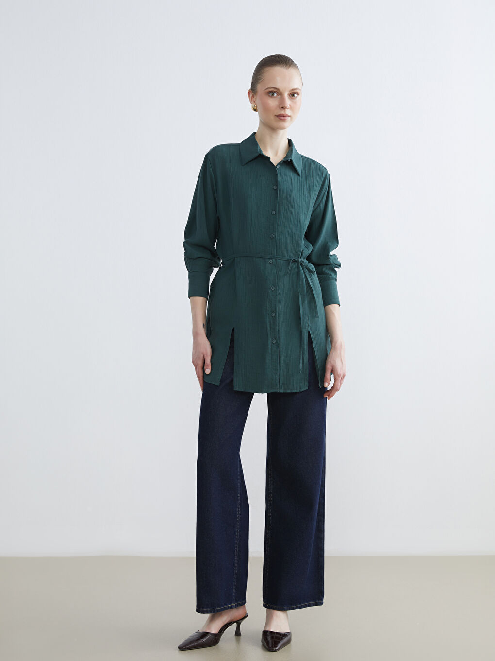 Yeşil Dokulu Krinkle Kadın Gömlek Tunik-1