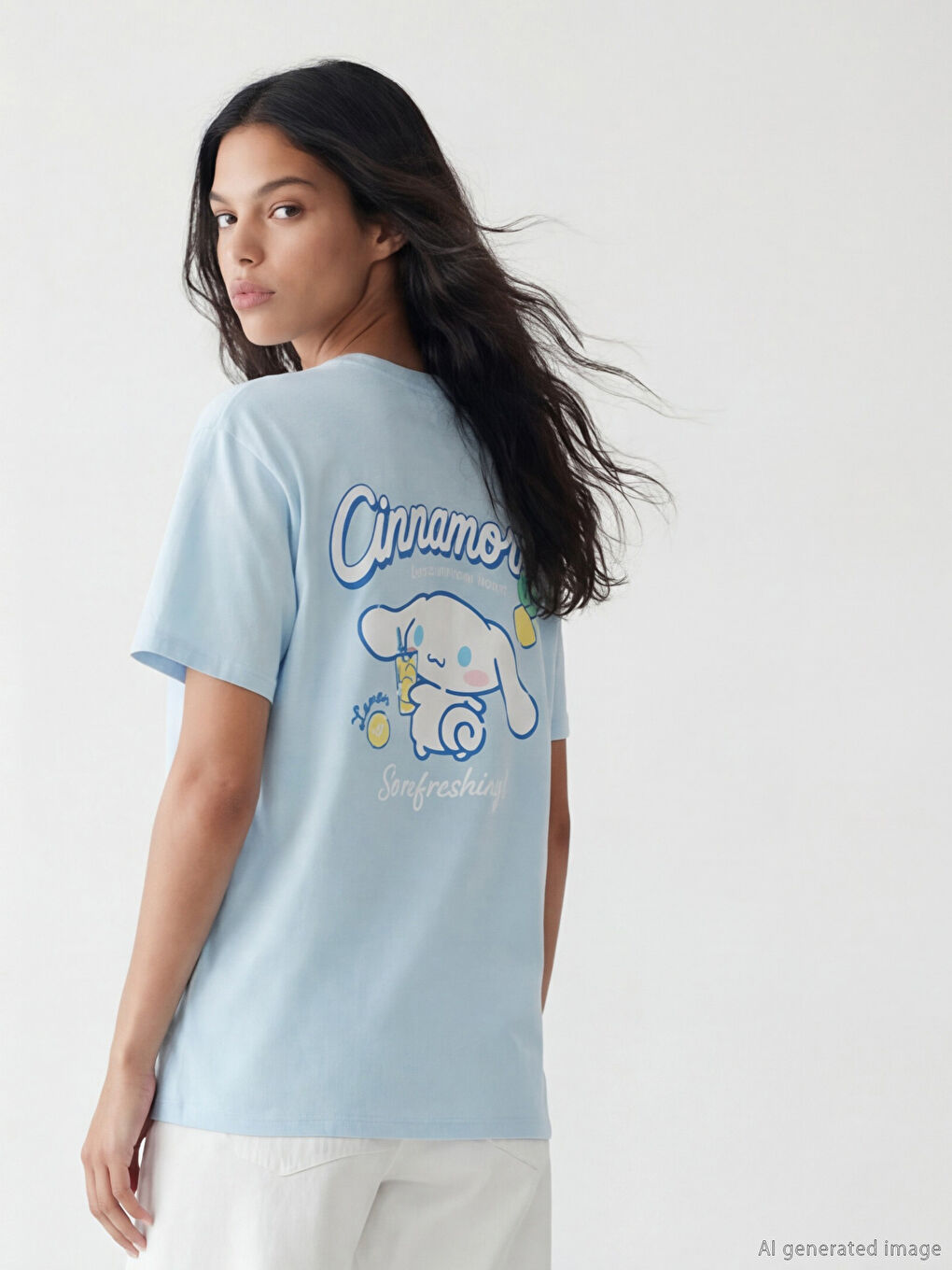 Μπλουζάκι με στάμπα Cinnamoroll, φαρδιά γραμμή, για γυναίκες
