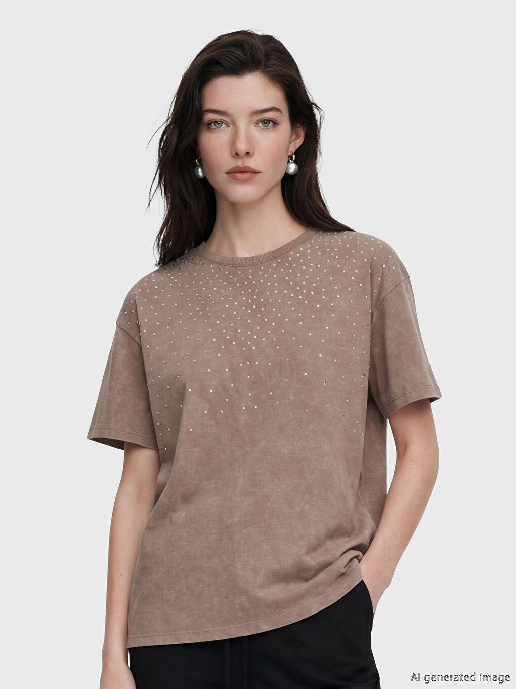 Kahverengi Bisiklet Yak Taşlı Kadın Tişört