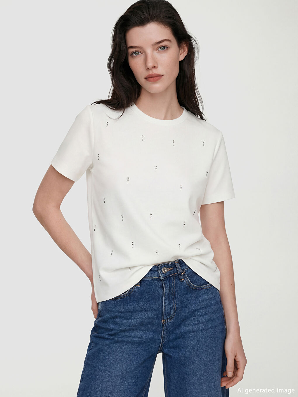 Ekru Bisiklet Yaka Taşlı Kadın Tişört