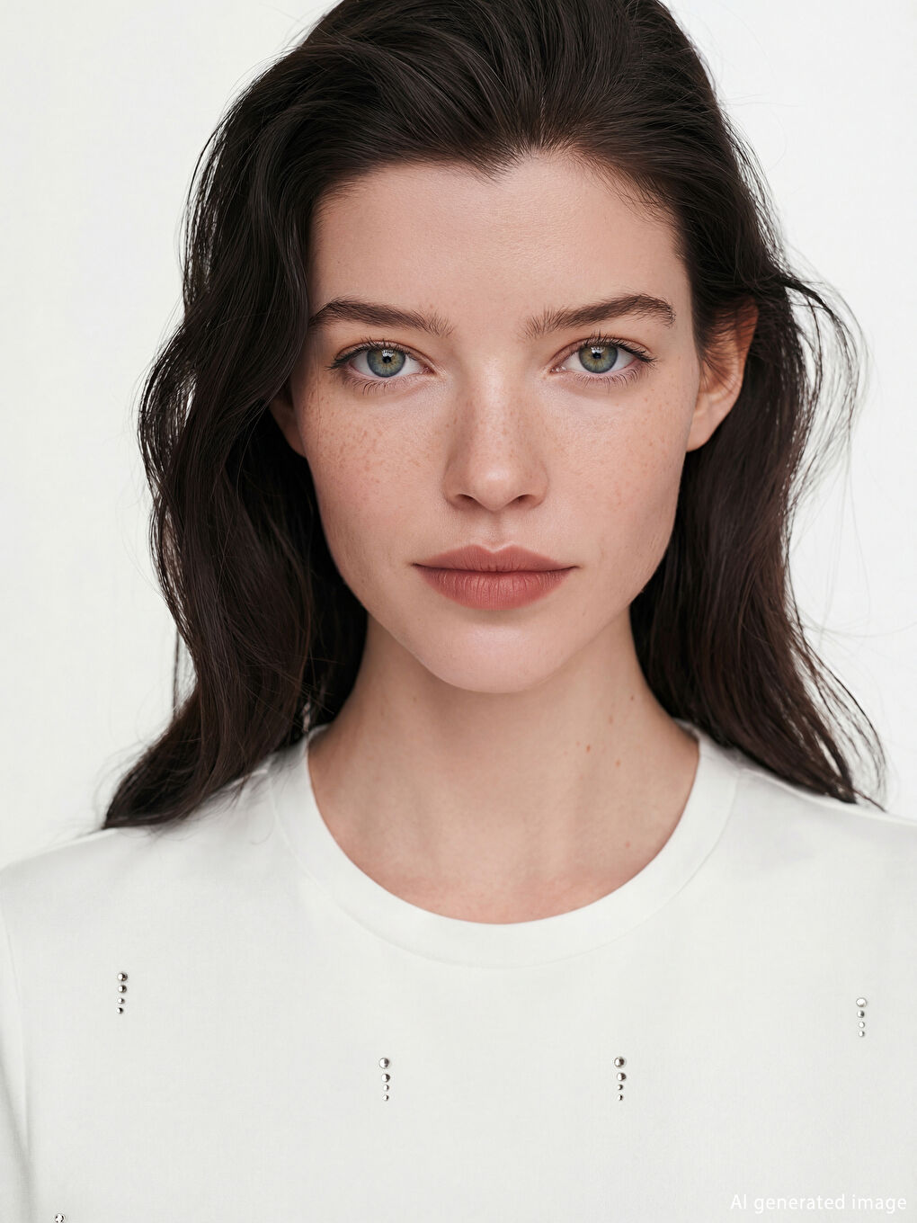 Ekru Bisiklet Yaka Taşlı Kadın Tişört-2