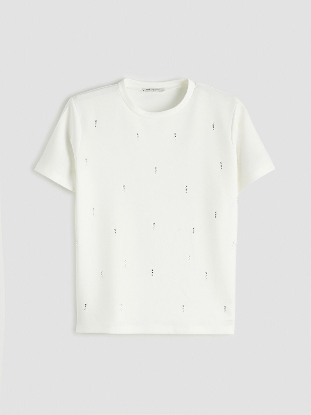 Ekru Bisiklet Yaka Taşlı Kadın Tişört-4