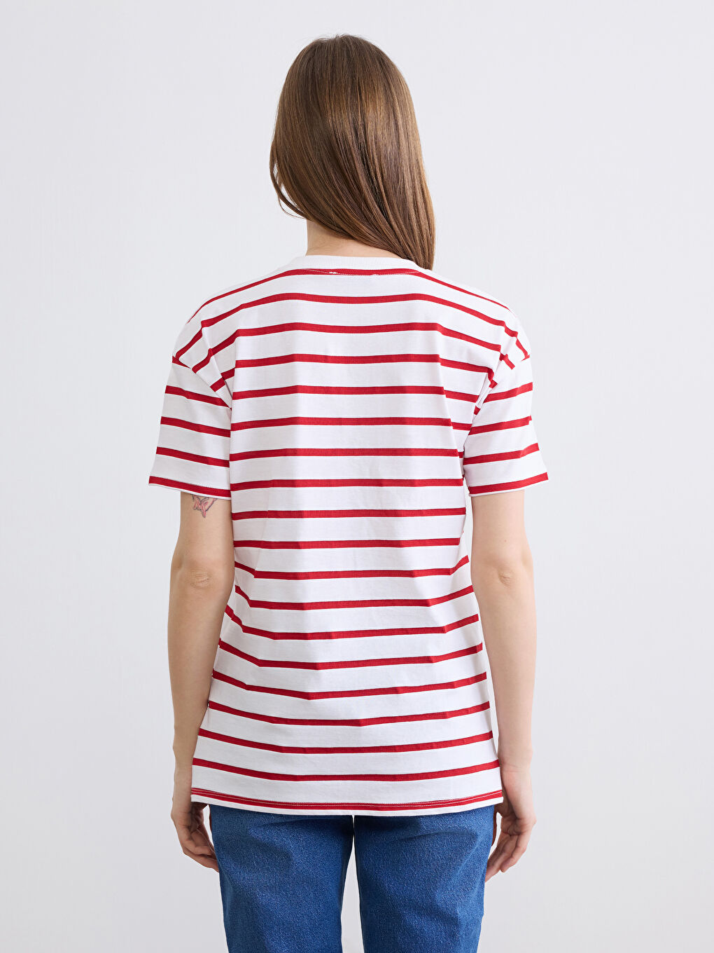 Kırmızı Bisiklet Yaka Çizgili Kadın Tişört	-3