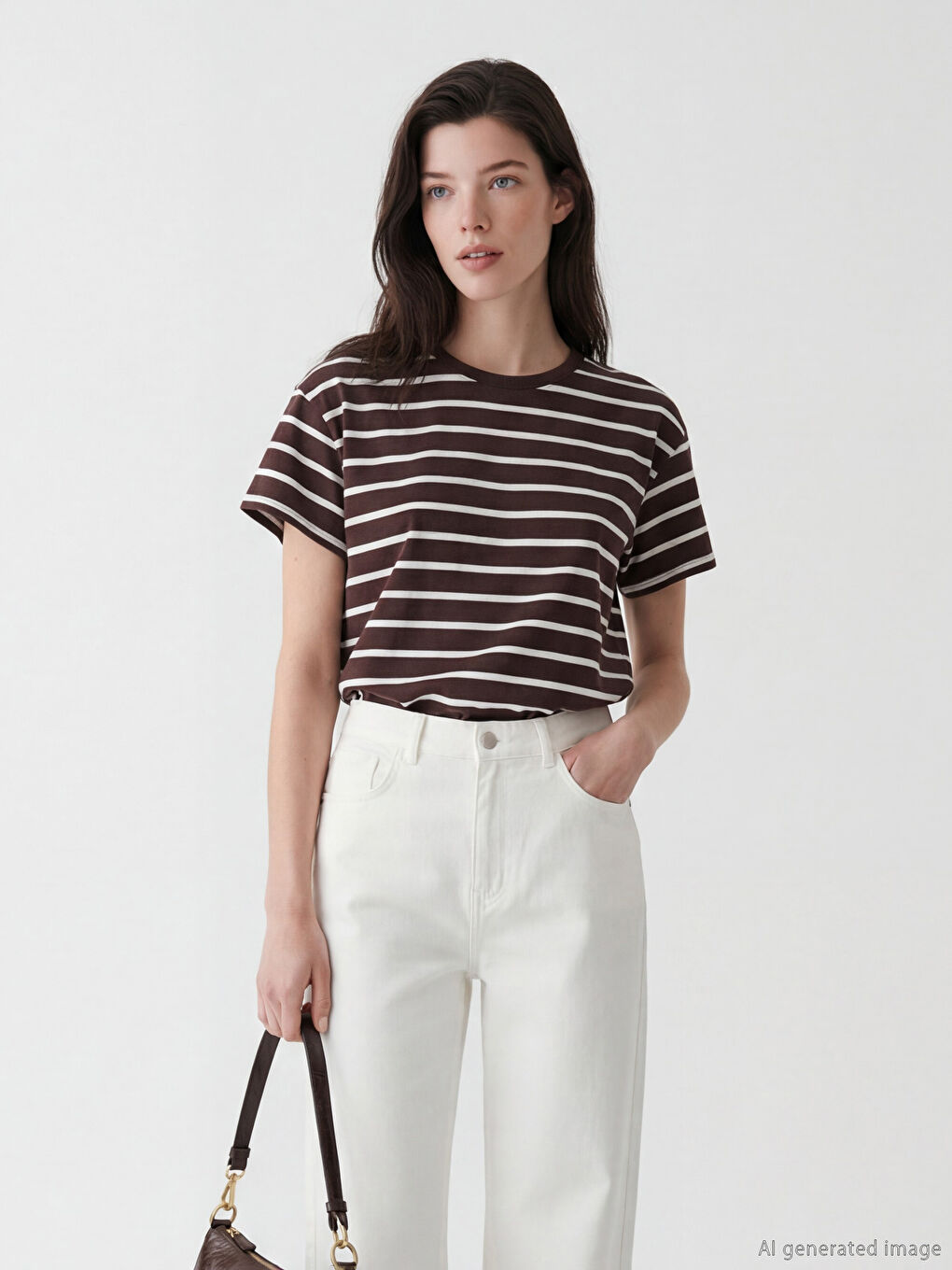 Ekru Bisiklet Yaka Çizgili Kadın Tişört	