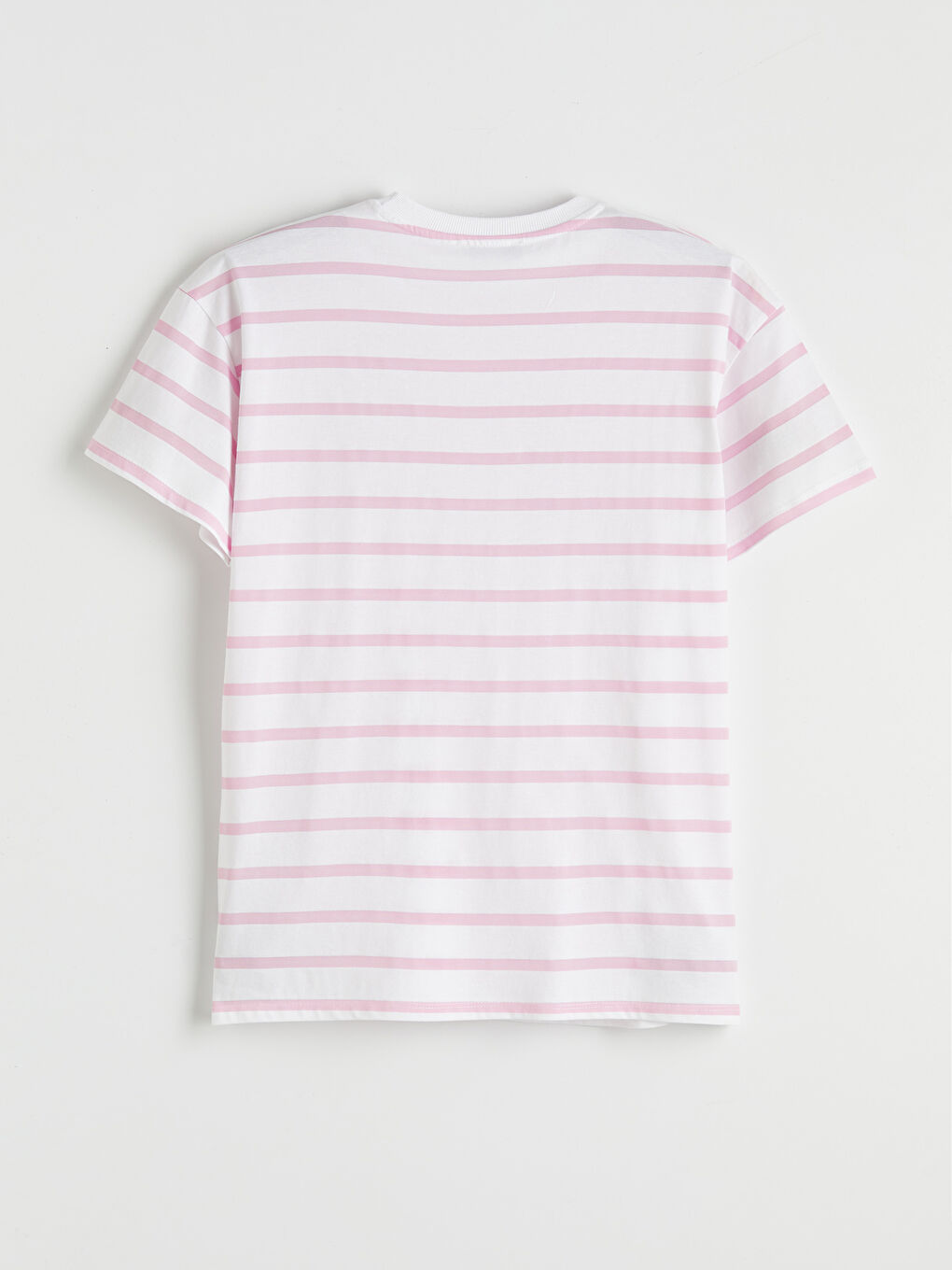 Pembe Bisiklet Yaka Çizgili Kadın Tişört	-5