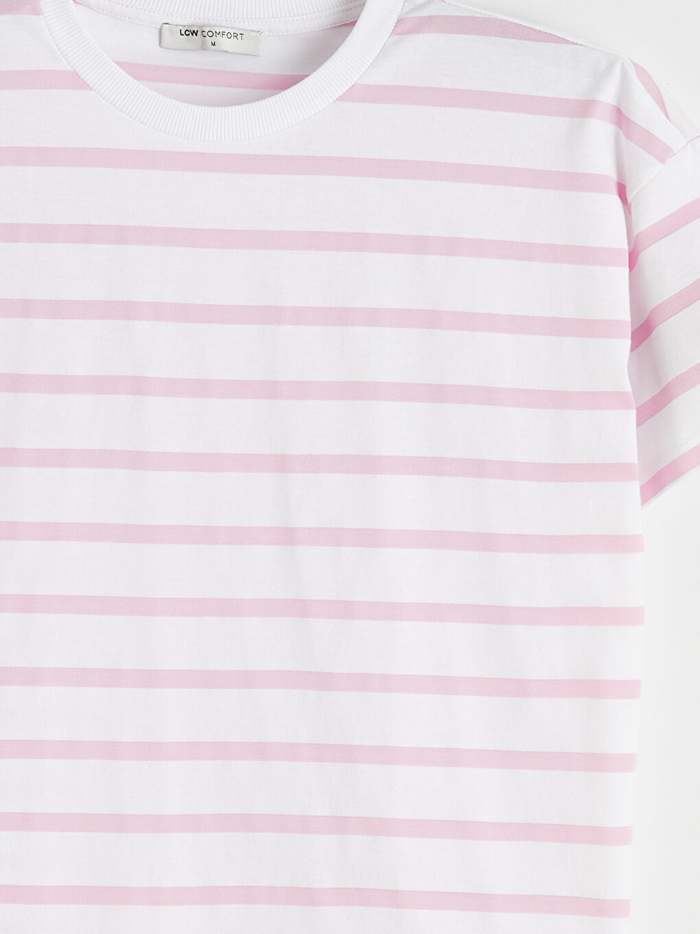 Pembe Bisiklet Yaka Çizgili Kadın Tişört	-6