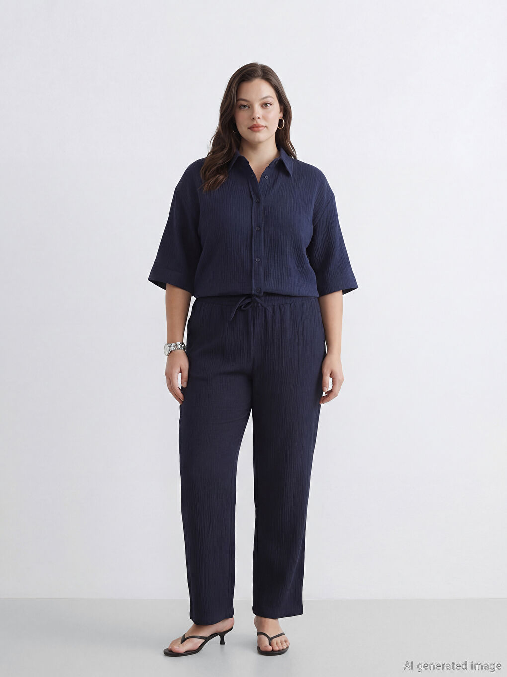 Lacivert Beli Lastikli Dokulu Kadın Pantolon-1