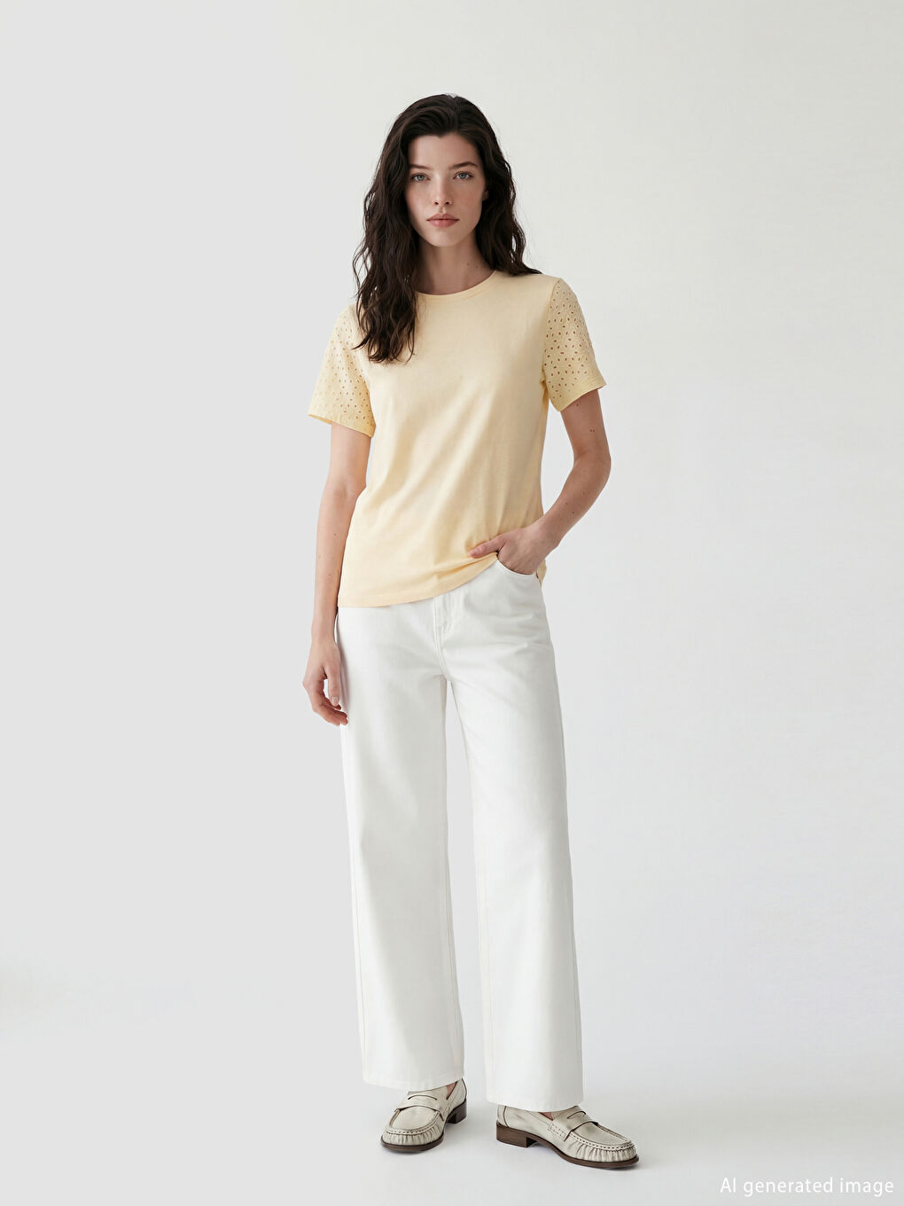 Sarı Bisiklet Yaka Ajurlu Bluz-1