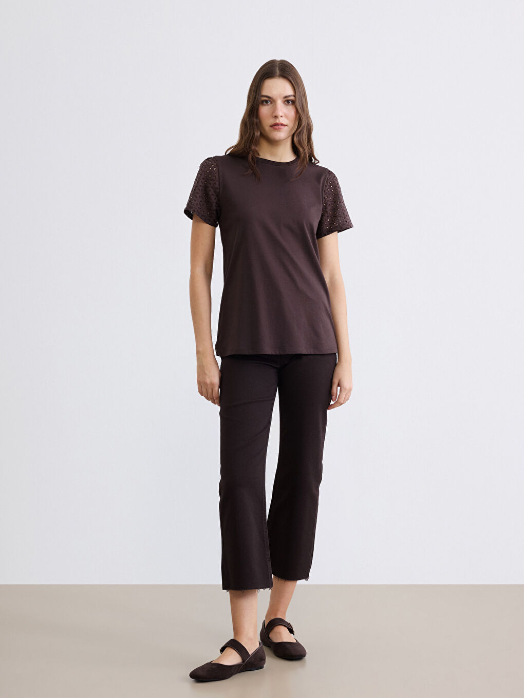 Kahverengi Bisiklet Yaka Ajurlu Bluz-1