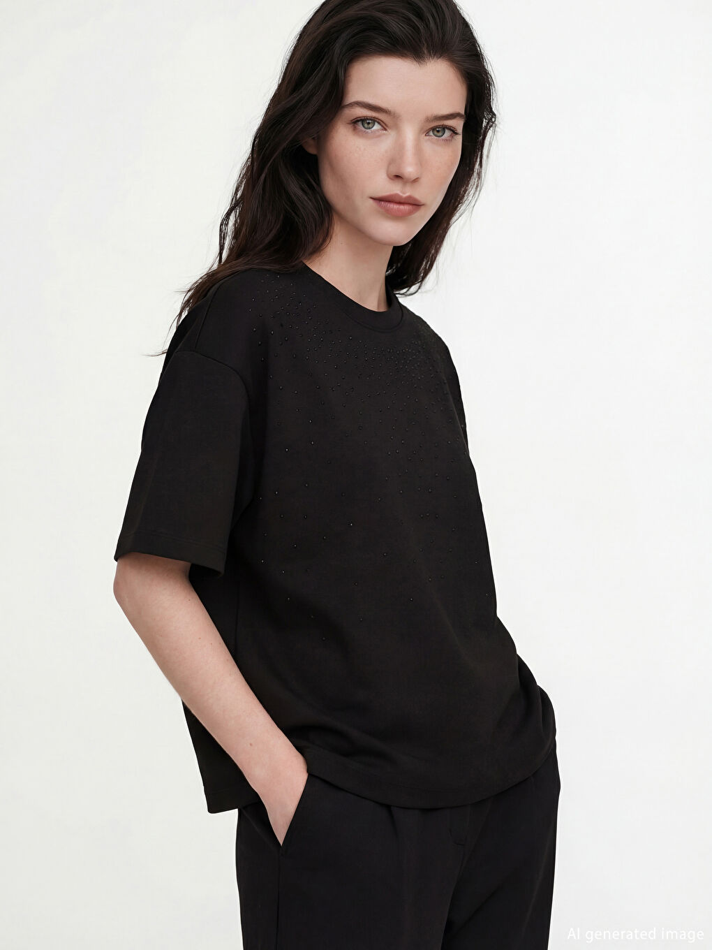 تيشيرت نسائي ناعم الملمس بياقة دائرية مرصع بحبات الراين