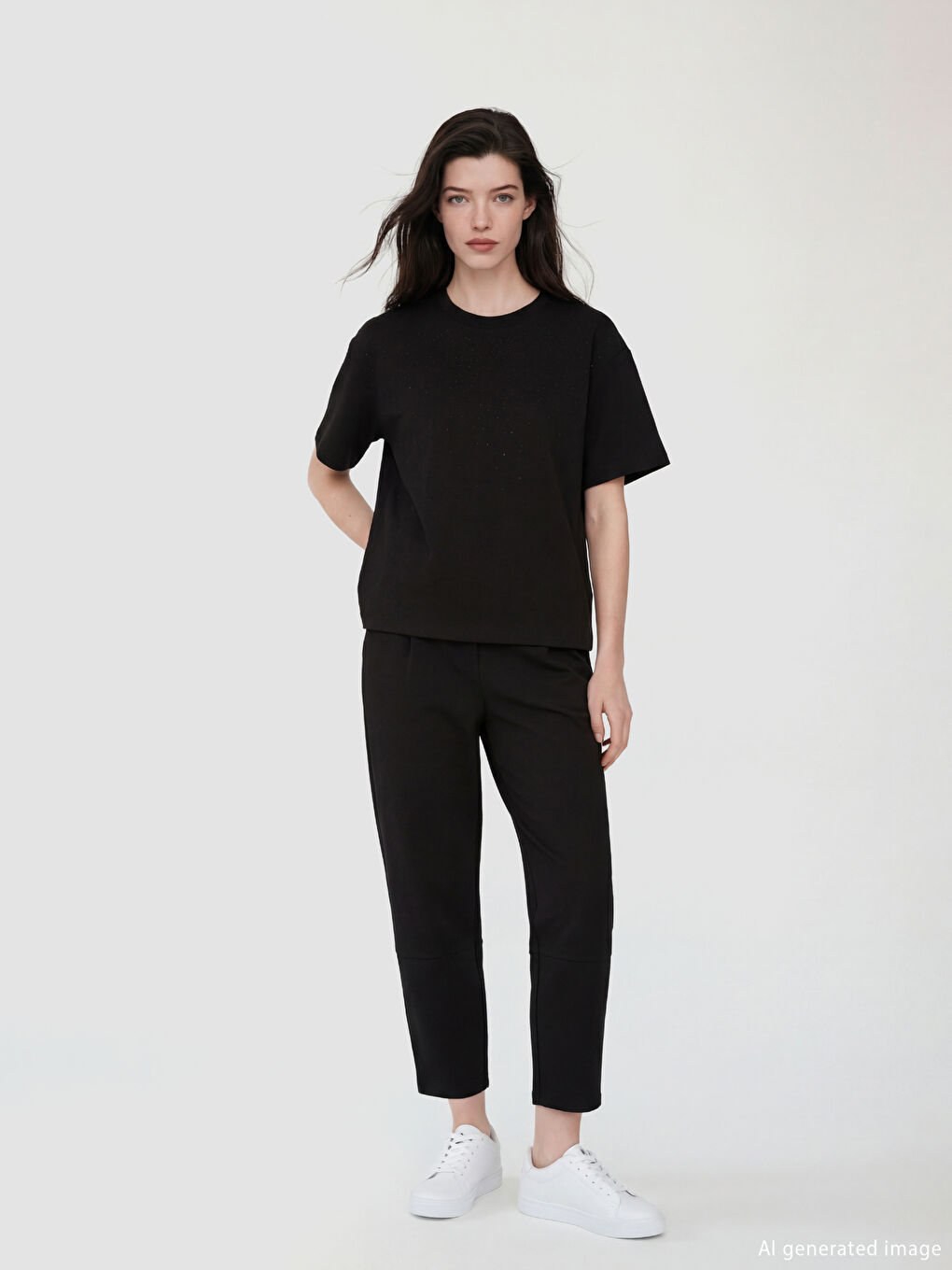 تيشيرت نسائي ناعم الملمس بياقة دائرية مرصع بحبات الراين-2