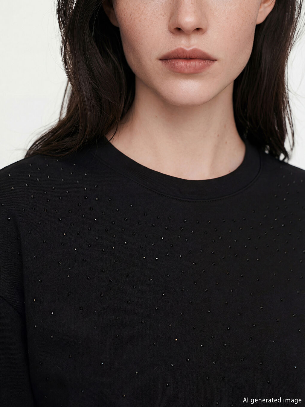 تيشيرت نسائي ناعم الملمس بياقة دائرية مرصع بحبات الراين-3