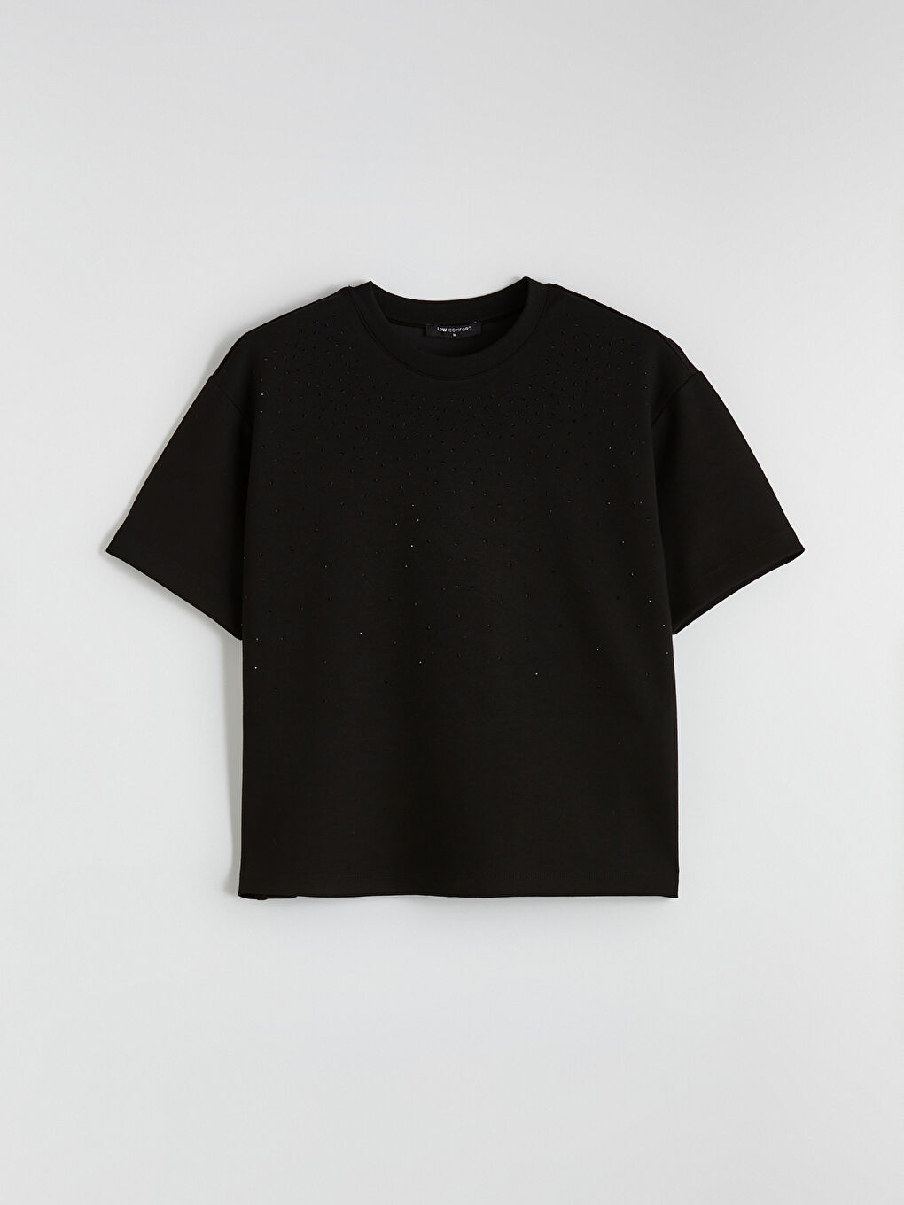 Siyah Bisiklet Yaka Taşlı Soft Touch Kadın Tişört	