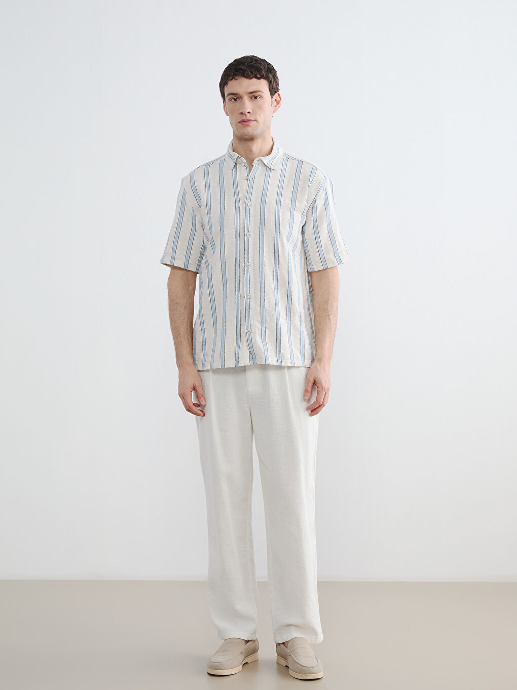 Ekru Rahat Kalıp Pileli Erkek Pantolon-1