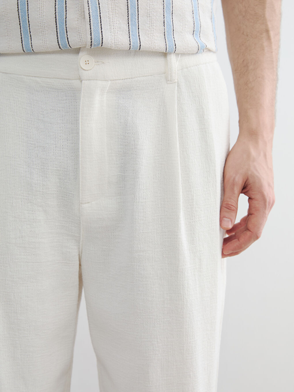 Ekru Rahat Kalıp Pileli Erkek Pantolon-3