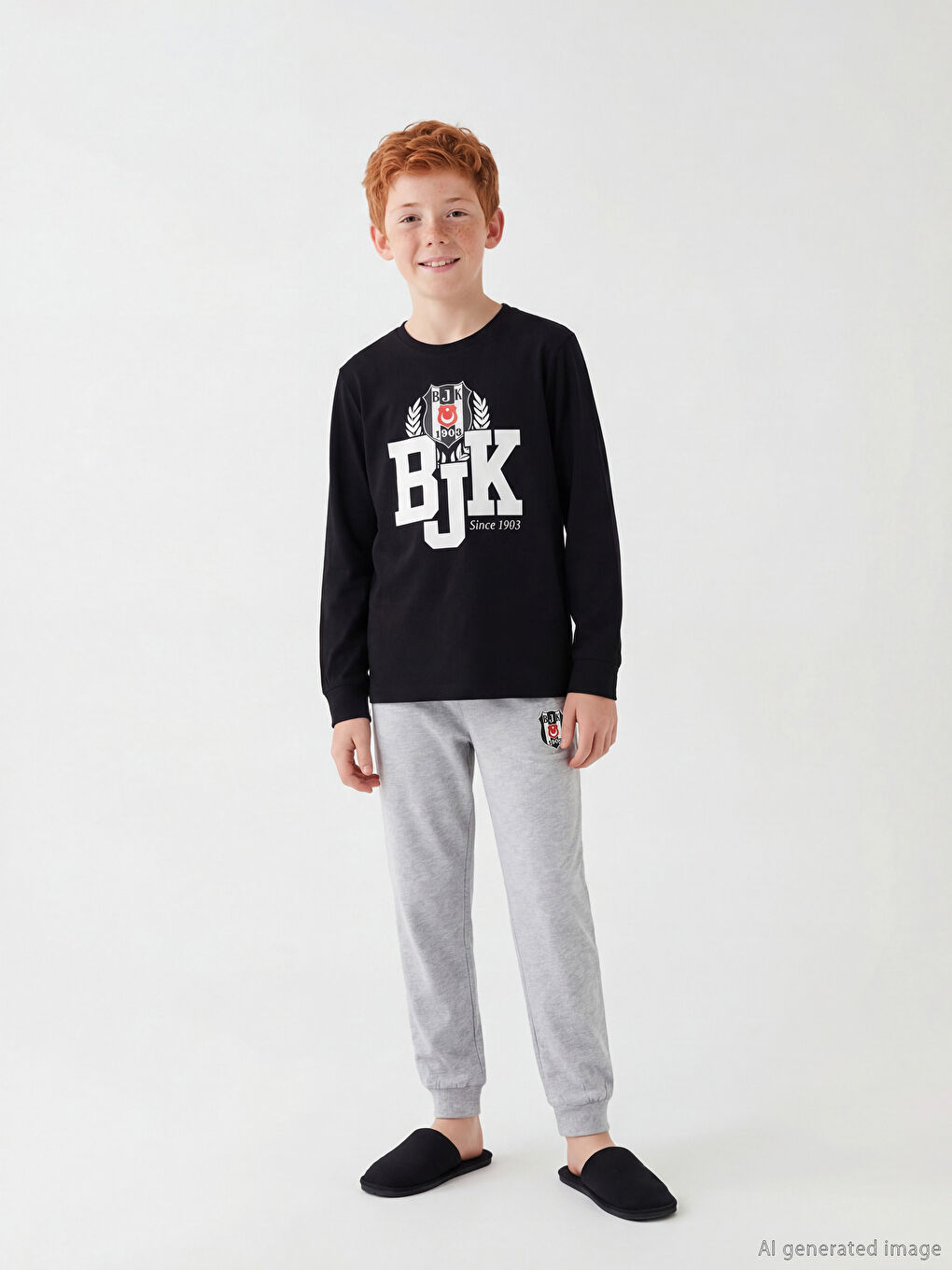 Siyah Bisiklet Yaka Beşiktaş Baskılı Erkek Çocuk Pijama Takım